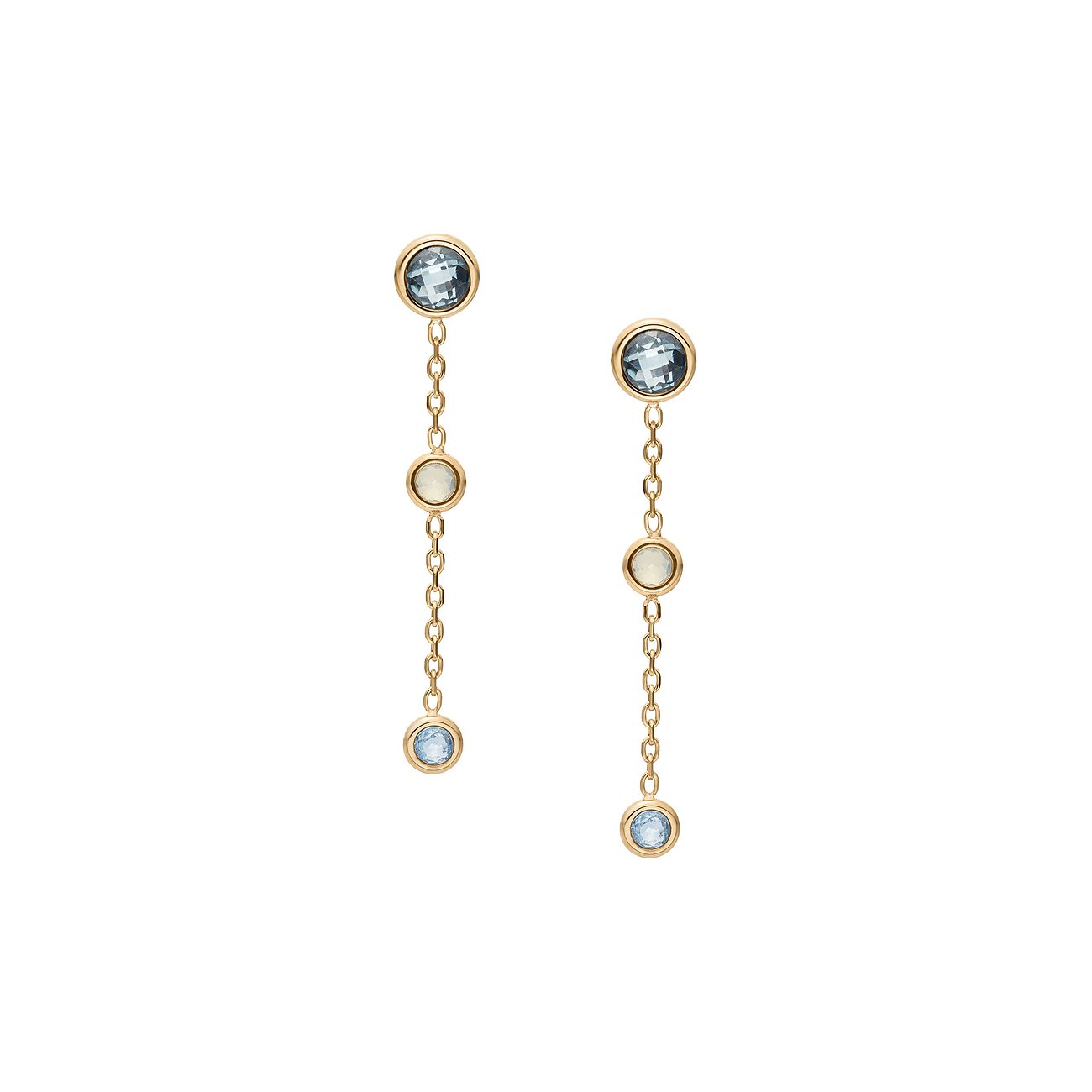 Skagen Ohrschmuck aus goldfarbenem Edelstahl mit drei runden Glassteinen: türkis, hellbeige und blau.