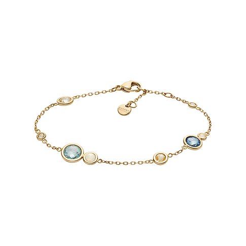 Skagen Armband aus goldfarbenem Edelstahl mit neun bunten Glassteinen in Blau, Gelb und Cremeweiß.