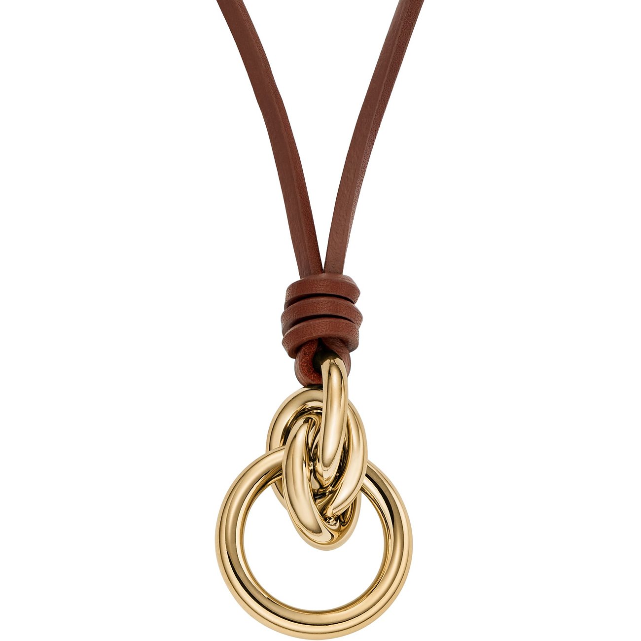 Collier Skagen en acier inoxydable et cuir, chaîne dorée avec deux anneaux dorés entrelacés.