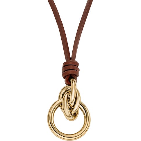 Skagen Halskette aus Edelstahl und Leder, goldfarbene Kette mit zwei ineinander verschlungenen goldfarbenen Ringen.
