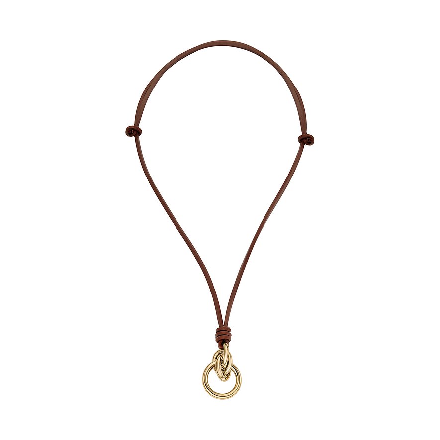 Collier Skagen en cuir marron et acier inoxydable doré. Le collier est sécurisé par un nœud.