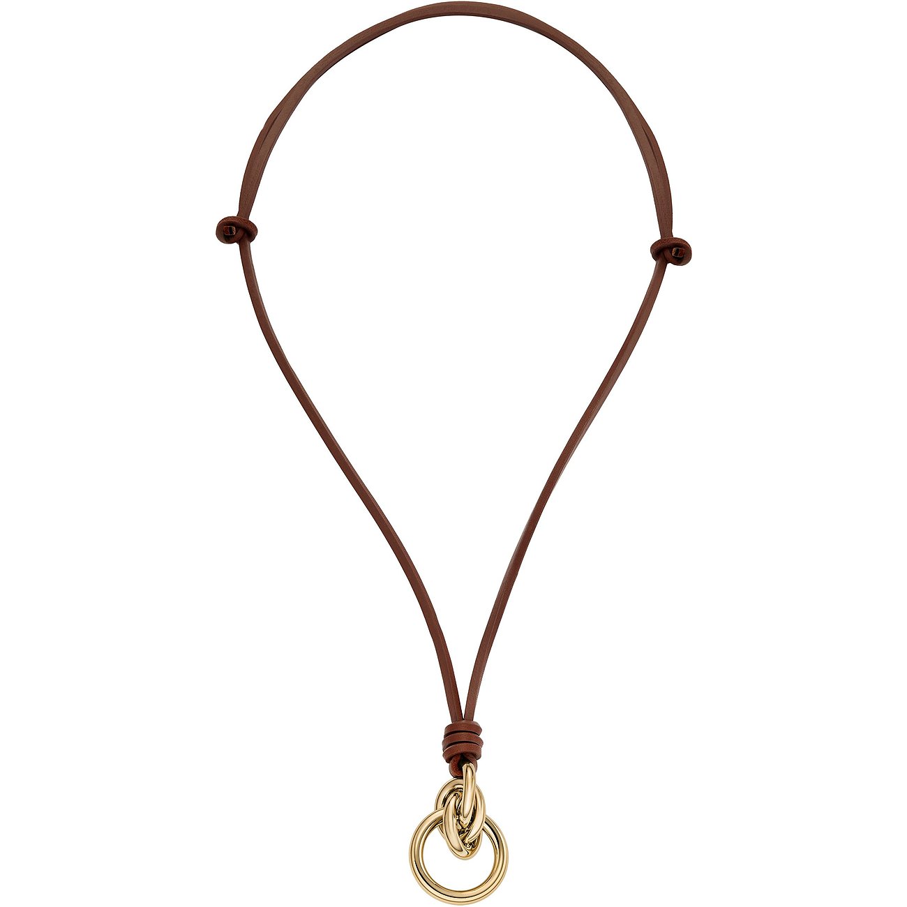 Collier Skagen en cuir marron et acier inoxydable doré. Le collier est sécurisé par un nœud.