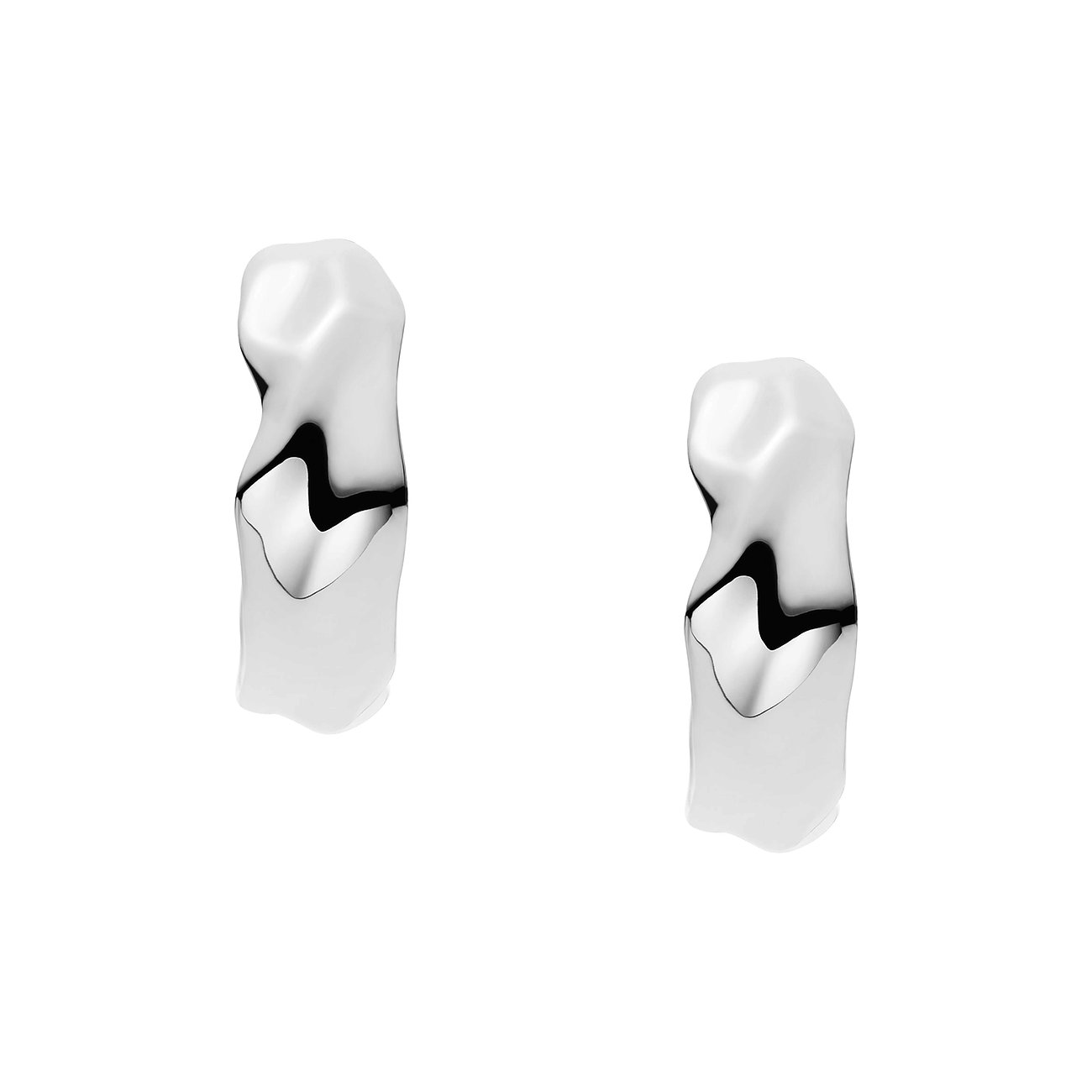 Deux bijoux d'oreille Skagen en acier inoxydable, en forme de manchette, design ondulé et irrégulier, poli brillant.