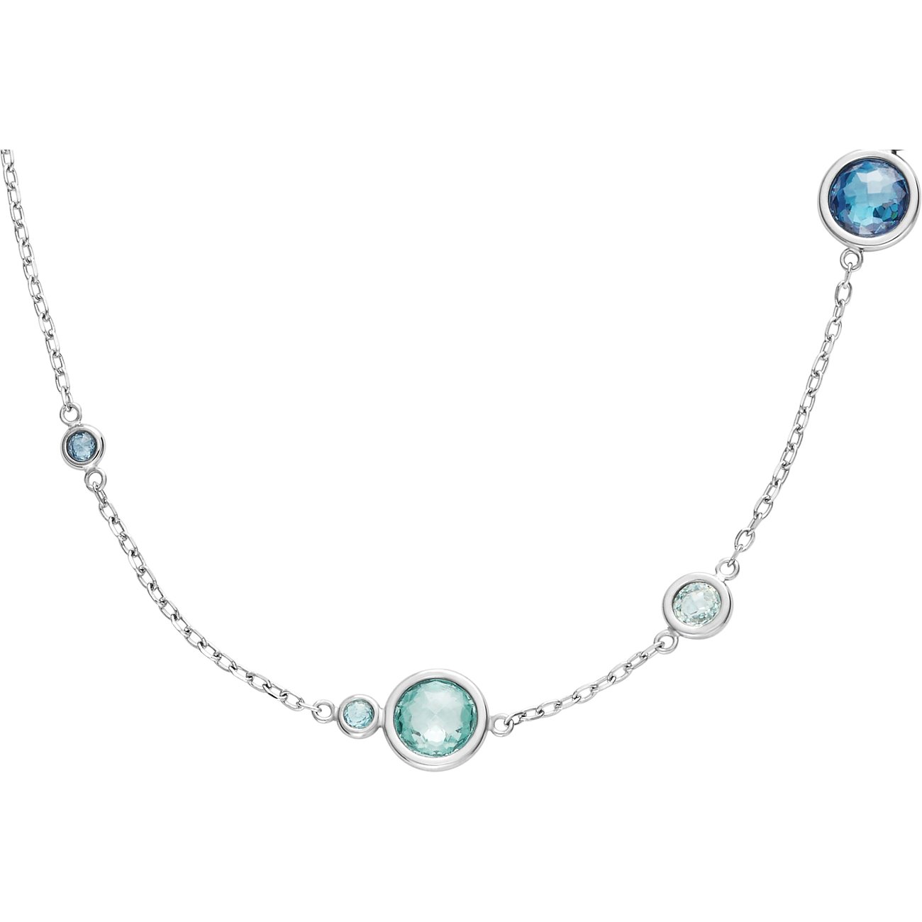 Collana Skagen in acciaio inox: pietre di vetro rotonde blu e turchesi, disposte irregolarmente su catena fine.