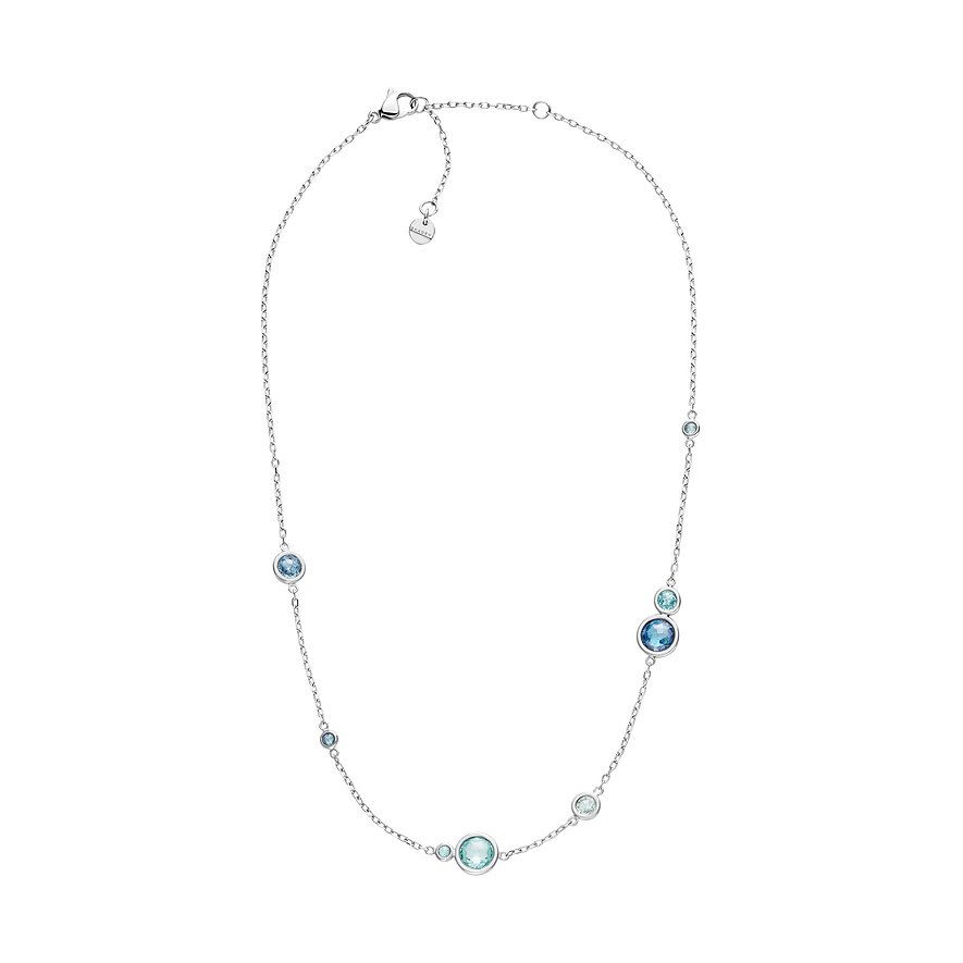 Collana Skagen in acciaio inossidabile con varie pietre di vetro rotonde nei toni del blu e del verde.