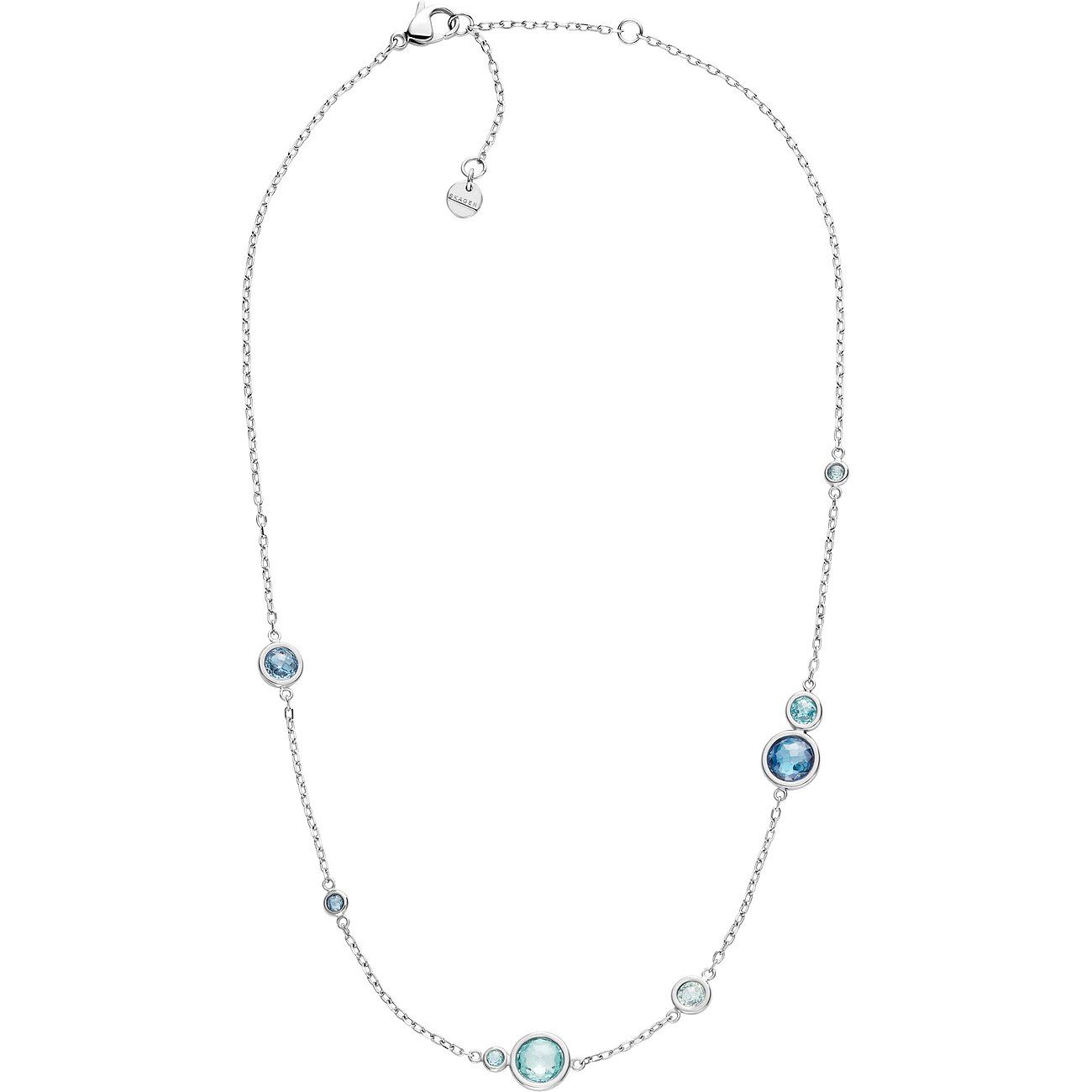 Collana Skagen in acciaio inossidabile con varie pietre di vetro rotonde nei toni del blu e del verde.