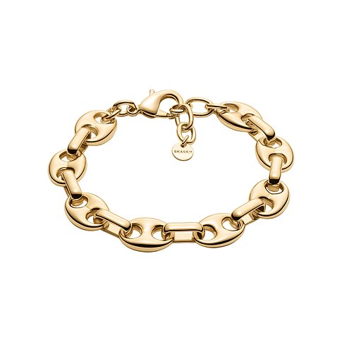 Skagen Armschmuck: Ein goldenes Metall-Armband mit großen, glänzenden Gliedern in einer raffinierten Gliederketten-Optik.