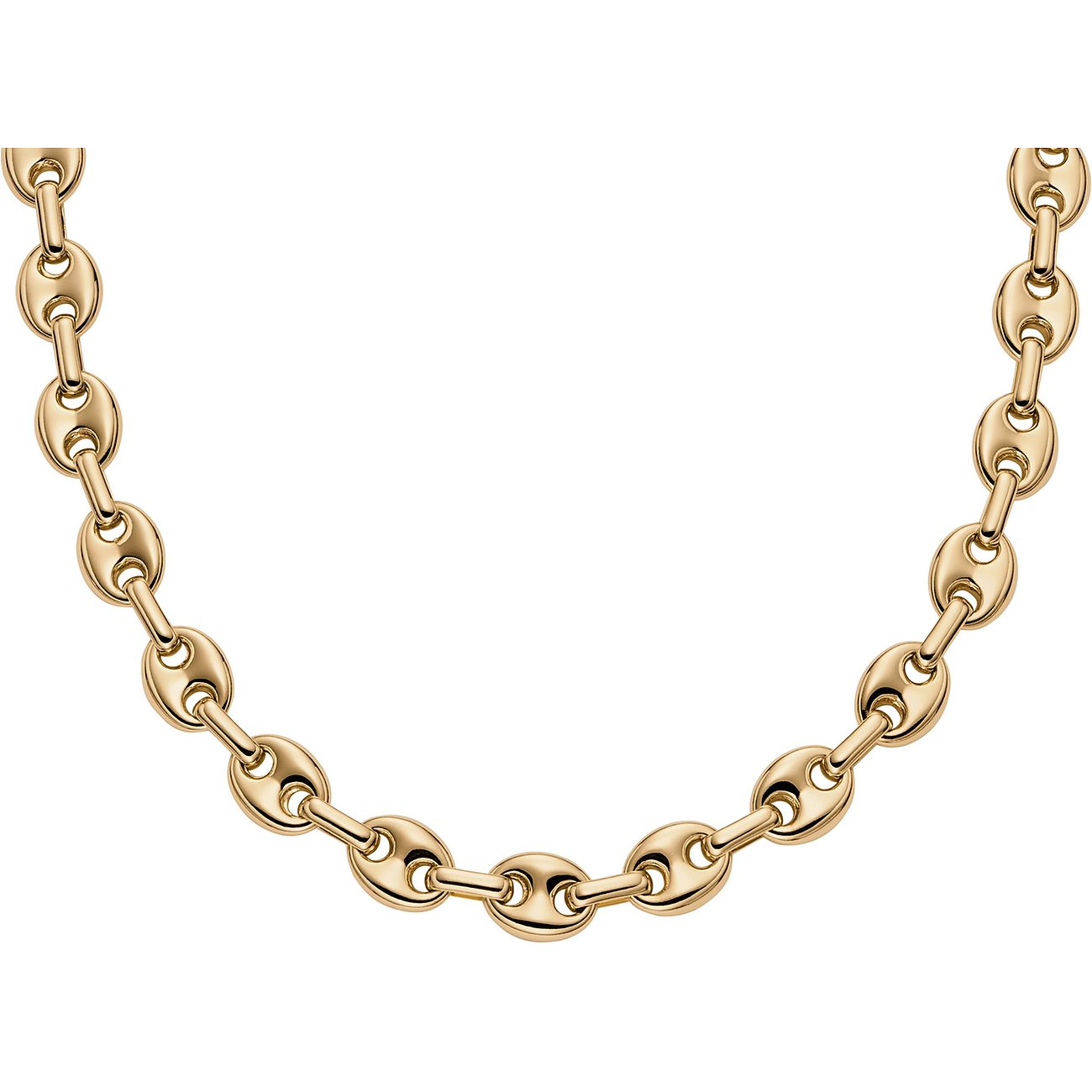 Collier Skagen en métal doré, une chaîne à maillons avec de nombreux petits éléments ronds et brillants.