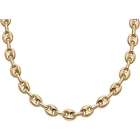 Skagen Halsschmuck aus goldfarbenem Metall, eine Gliederkette mit vielen kleinen, runden, glänzenden Elementen.