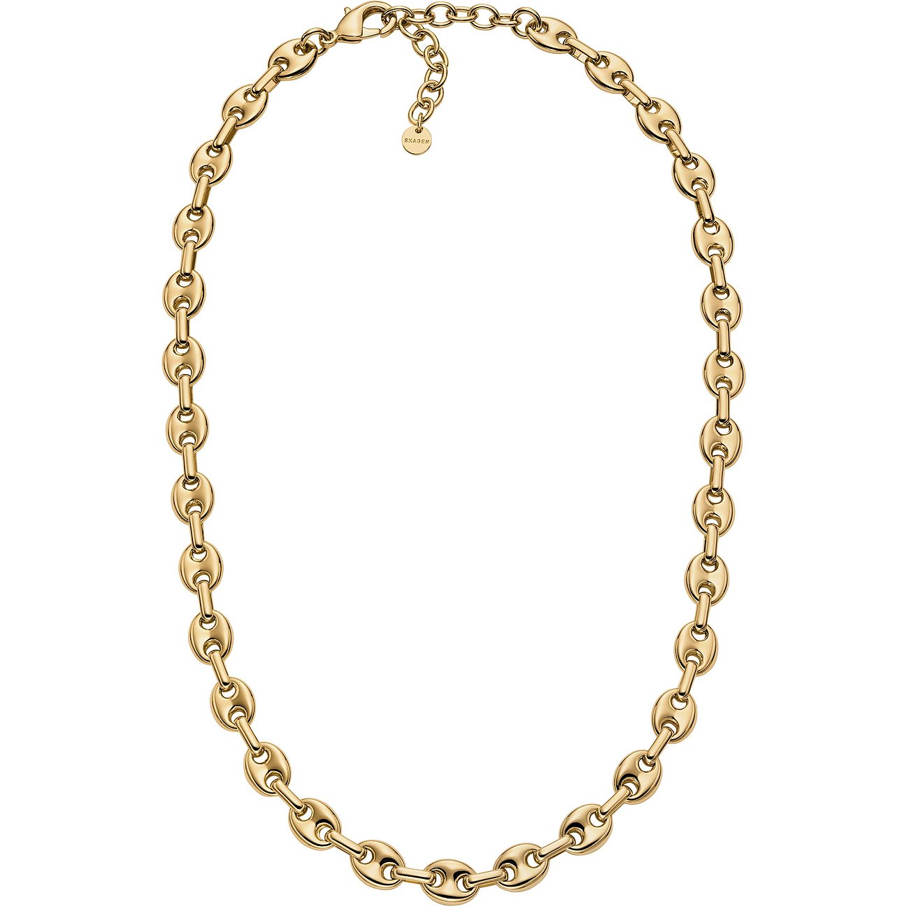 Collier Skagen: une chaîne en métal doré simple avec maillons, présentée seule sur fond blanc.