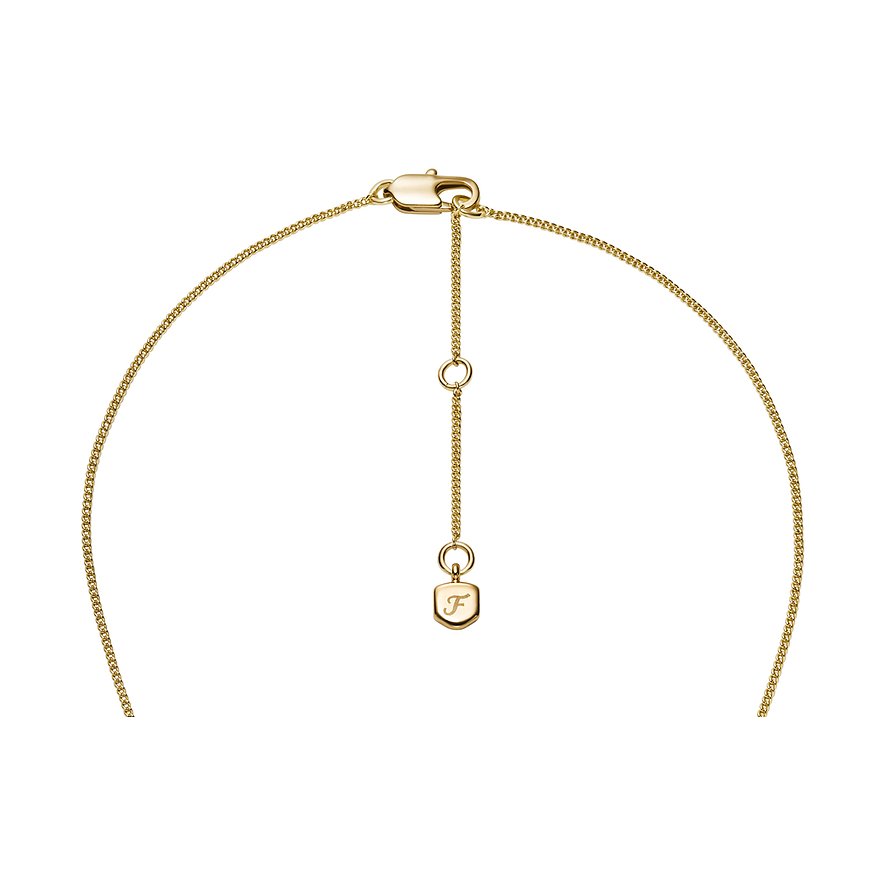 Baksidan av ett gyllene Fossil-halsband i metall med karbinhake och förlängningskedja.