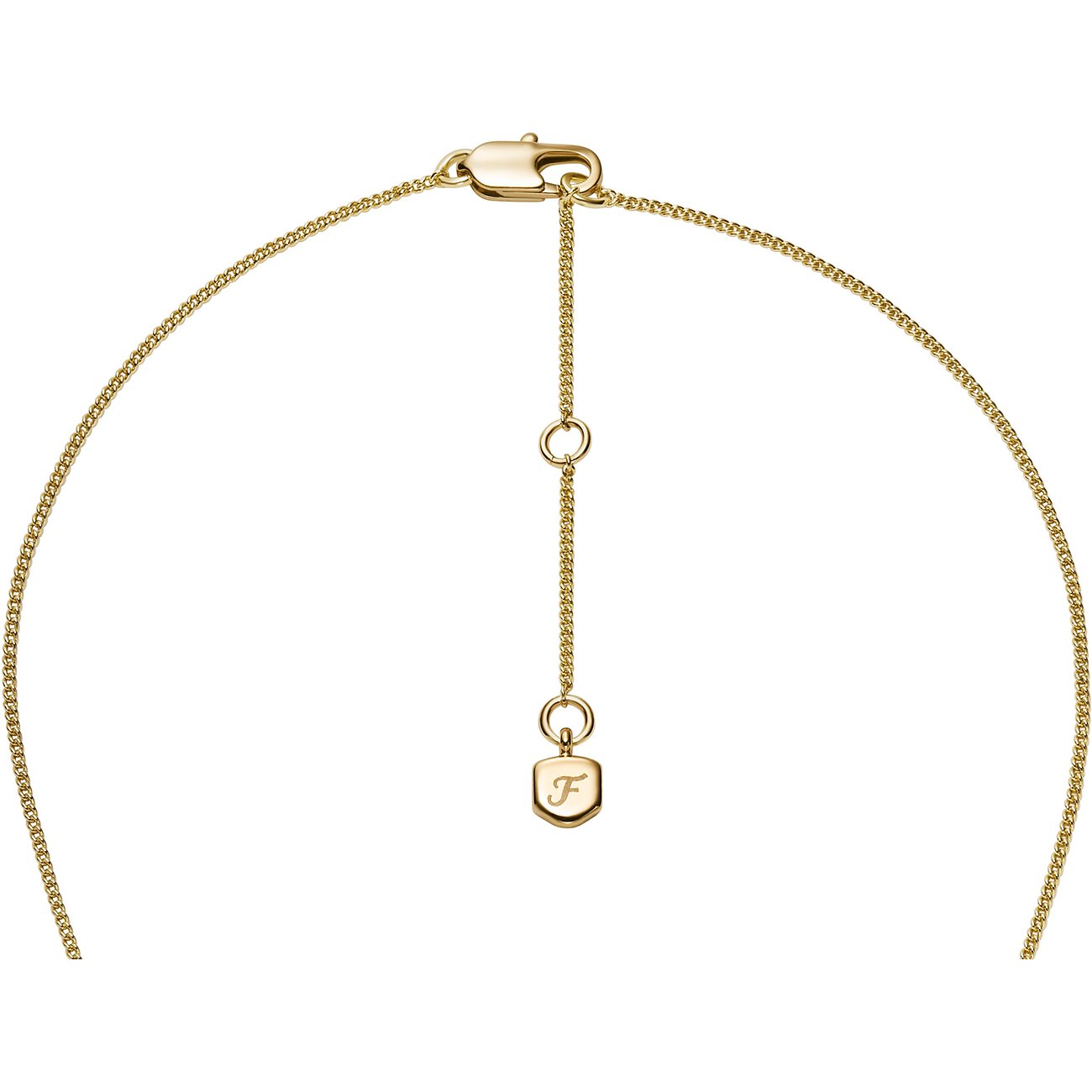 Baksidan av ett gyllene Fossil-halsband i metall med karbinhake och förlängningskedja.