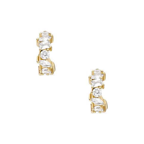 Ett par Fossil örhängen i guldfärgad metall, prydda med gnistrande glasstenar i olika slipningar.