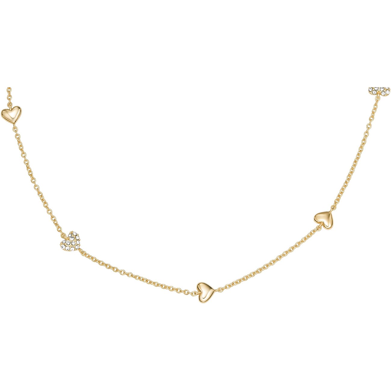 Collier Fossil en métal doré avec chaîne et trois cœurs, dont un serti de pierres de verre.