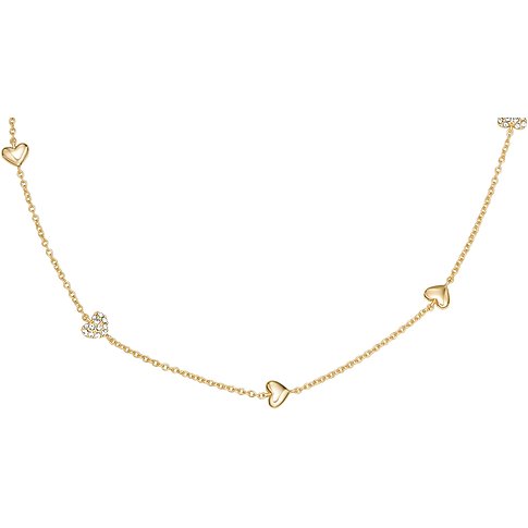 Fossil halsband i guldfärgad metall med kedja och tre hjärtan, varav ett är prytt med glasstenar.