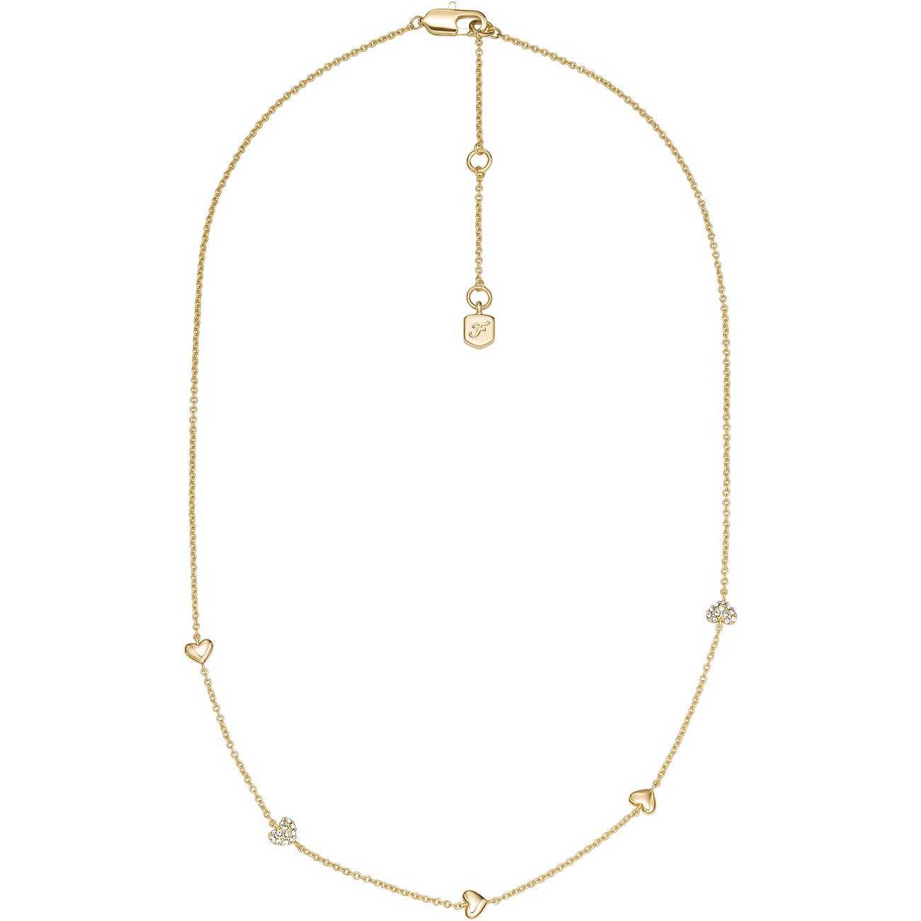 Collier Fossil en métal doré avec cœurs et pierres de verre formant un trèfle à quatre feuilles.