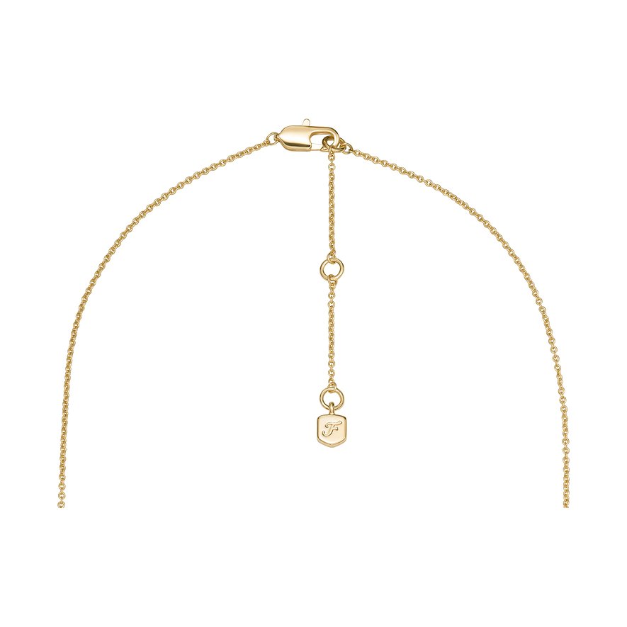 Le dos d'un collier Fossil en métal doré avec fermoir mousqueton et chaîne d'extension.