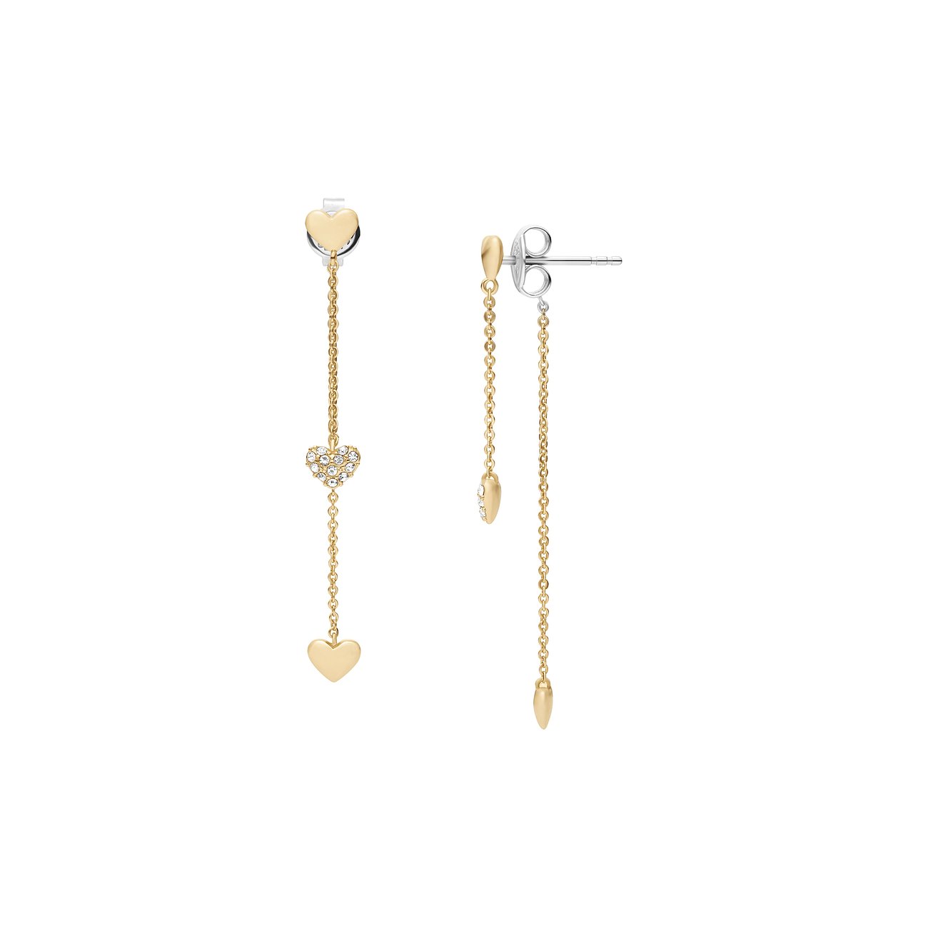 Fossil Ohrringe aus goldfarbenem Metall mit Herzanhängern, einem goldfarbenen und einem mit klaren Glassteinen besetzten Herz.