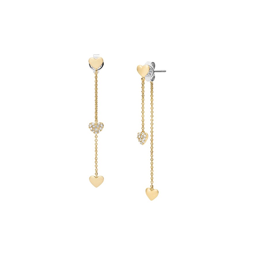 Ein Paar Fossil Ohrhänger aus goldfarbenem Metall mit Herzanhängern, die teilweise mit Glassteinen besetzt sind.