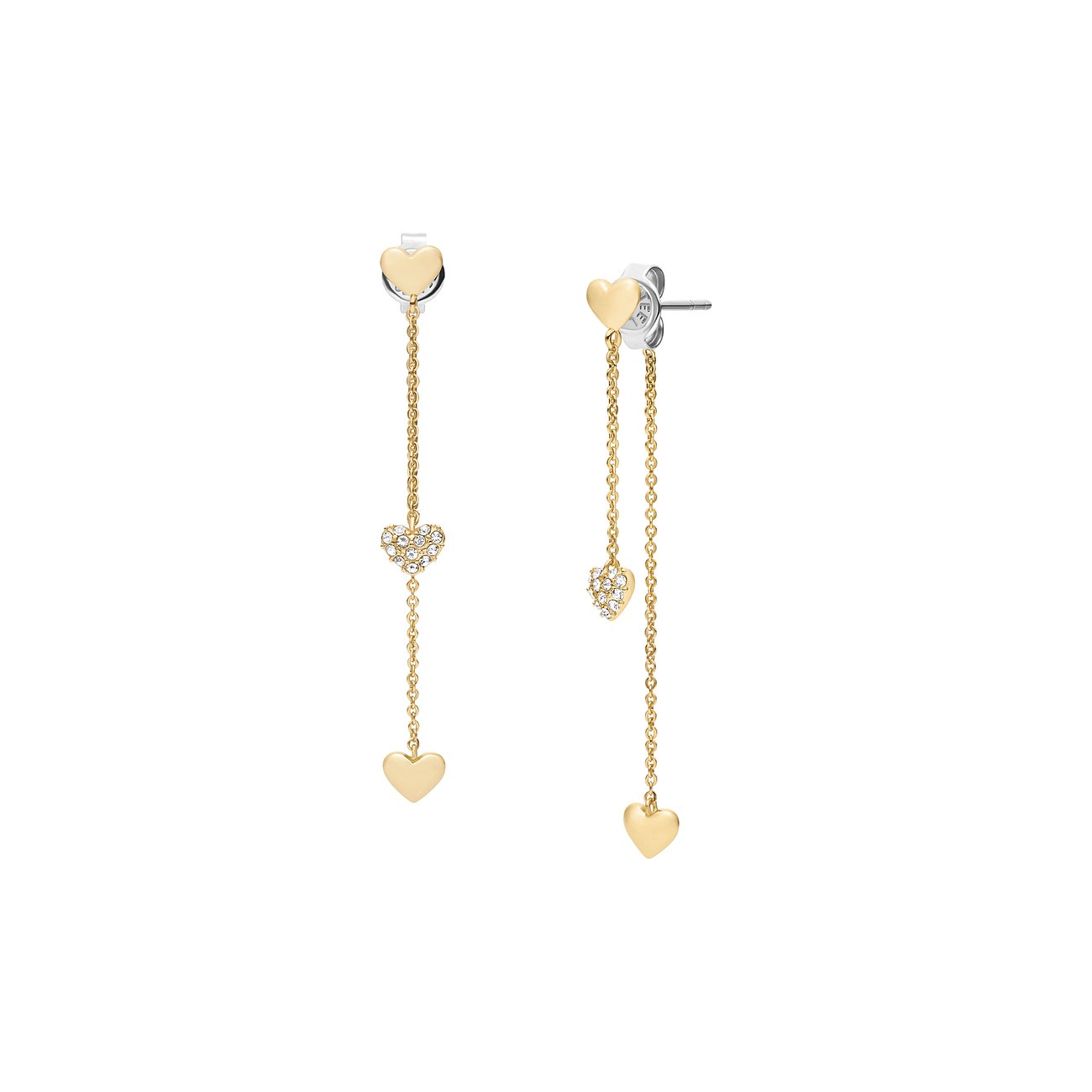 Ein Paar Fossil Ohrhänger aus goldfarbenem Metall mit Herzanhängern, die teilweise mit Glassteinen besetzt sind.