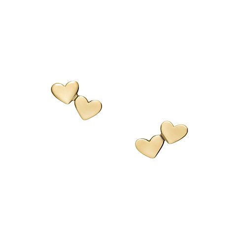 Fossil örhängen i gulguldtonad metall, hjärtformade, med två sammankopplade hjärtan vardera.