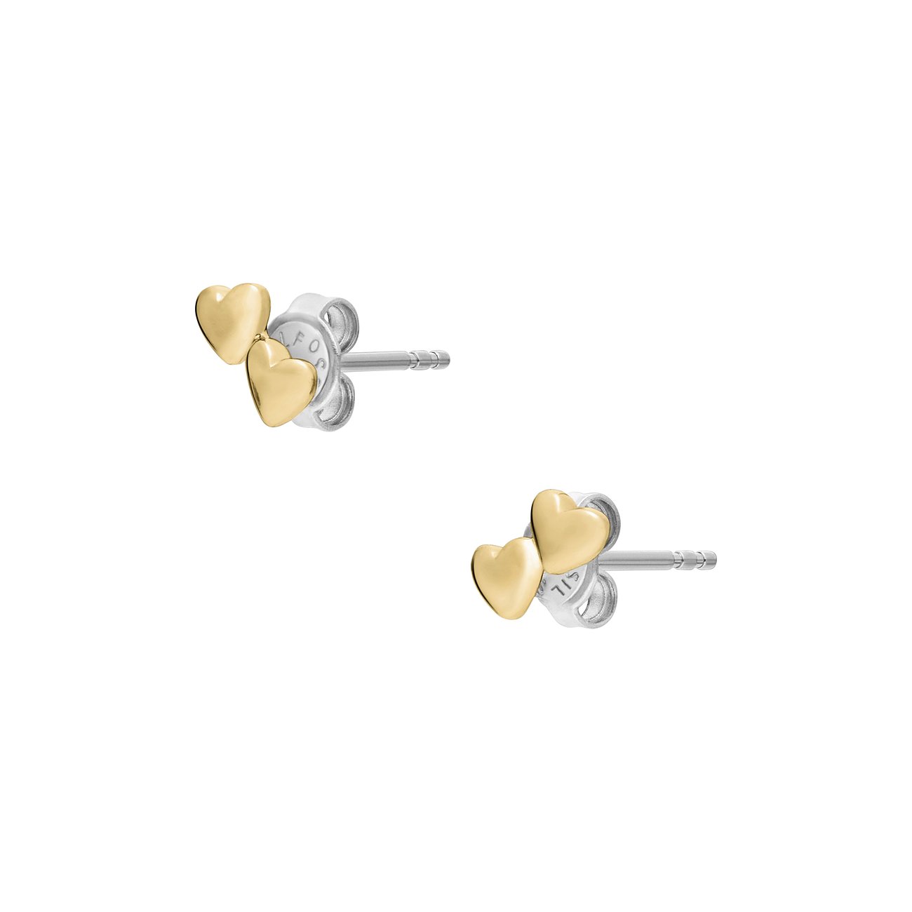 Fossil Ohrstecker aus Metall mit zwei goldfarbenen Herzen, jeweils von der Seite gesehen.