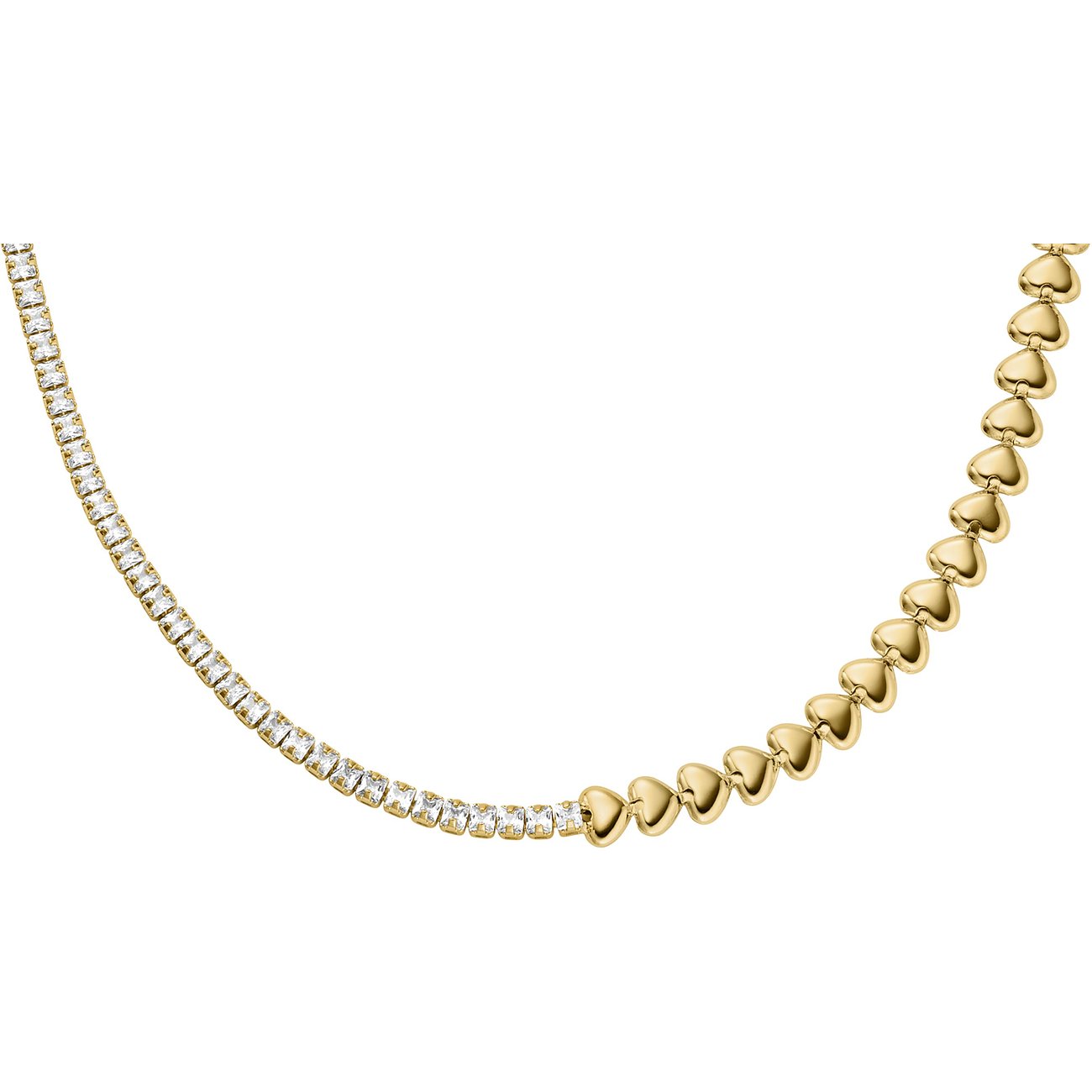 Fossil goudkleurige metalen ketting. De ene helft is versierd met glasstenen, de andere bestaat uit glimmende harten.
