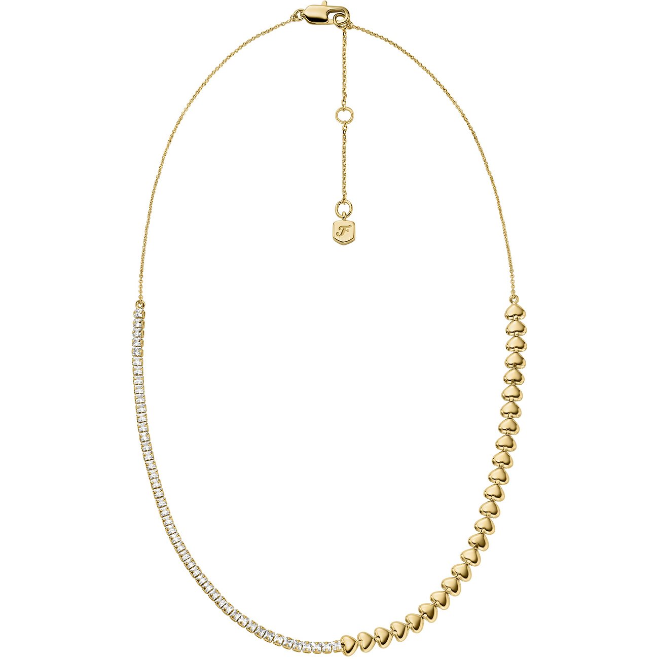 Fossil metalen halsketting, helft met glanzende glazen stenen en de andere helft met hartparels.