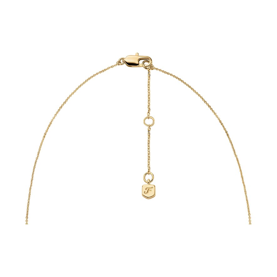 De achterkant van een goudkleurige metalen Fossil ketting met een sluiting en lengteverlenger.