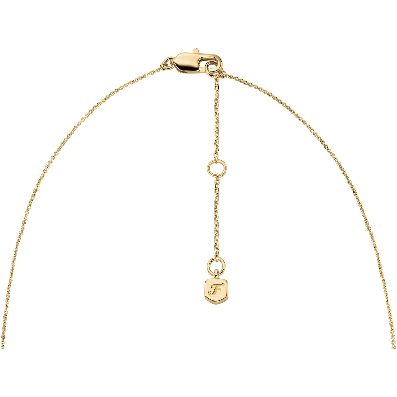 De achterkant van een goudkleurige metalen Fossil ketting met een sluiting en lengteverlenger.