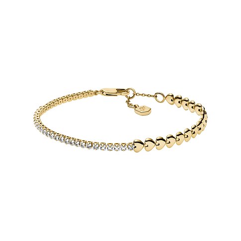 Fossil gyllene metallarmband med glittrande hjärtformade länkar och gnistrande glasstenar.