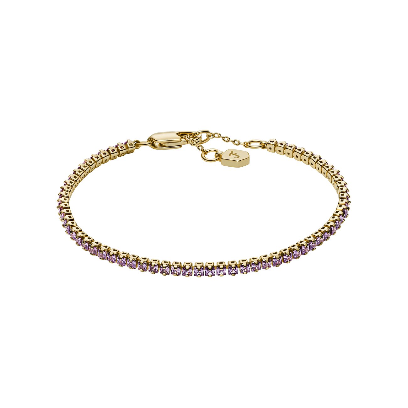 Un bracelet Fossil en métal doré avec une rangée de pierres en verre violettes et une chaîne réglable.