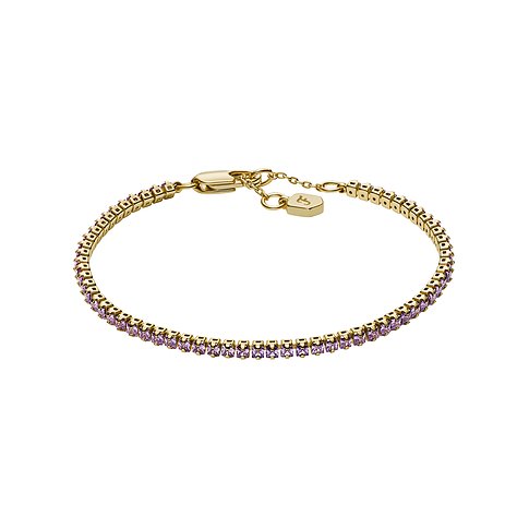 Ett gyllene Fossil metallarmband med en rad lila glasstenar och justerbar kedja.