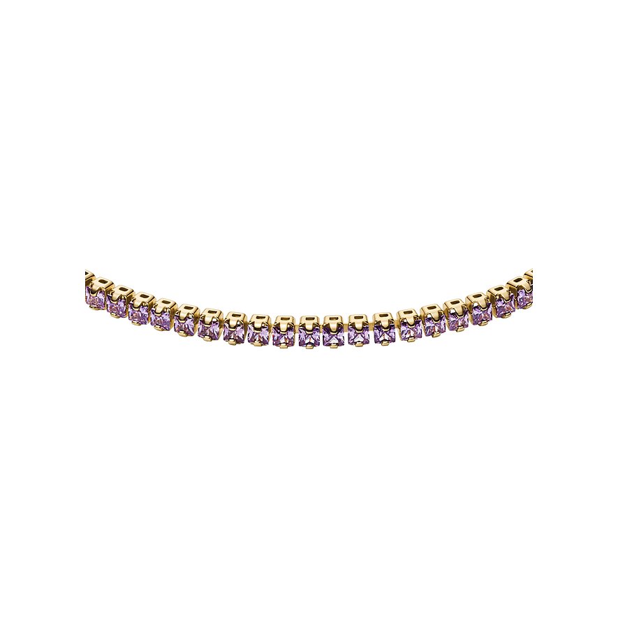 Gros plan d'un bracelet Fossil en métal doré avec des pierres de verre violettes lumineuses rectangulaires.