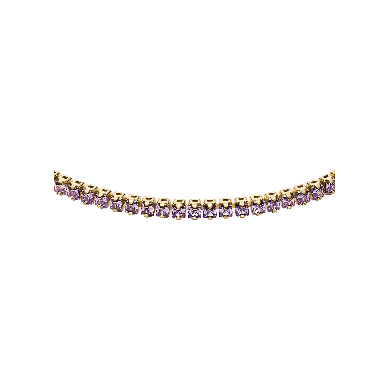 Gros plan d'un bracelet Fossil en métal doré avec des pierres de verre violettes lumineuses rectangulaires.