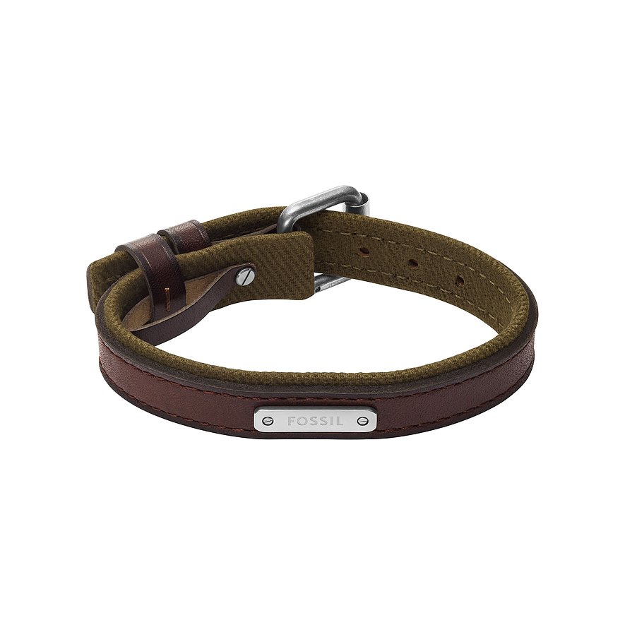 Fossil Armband: braunes Leder außen, grünes Textil innen, silberfarbener Metallverschluss.