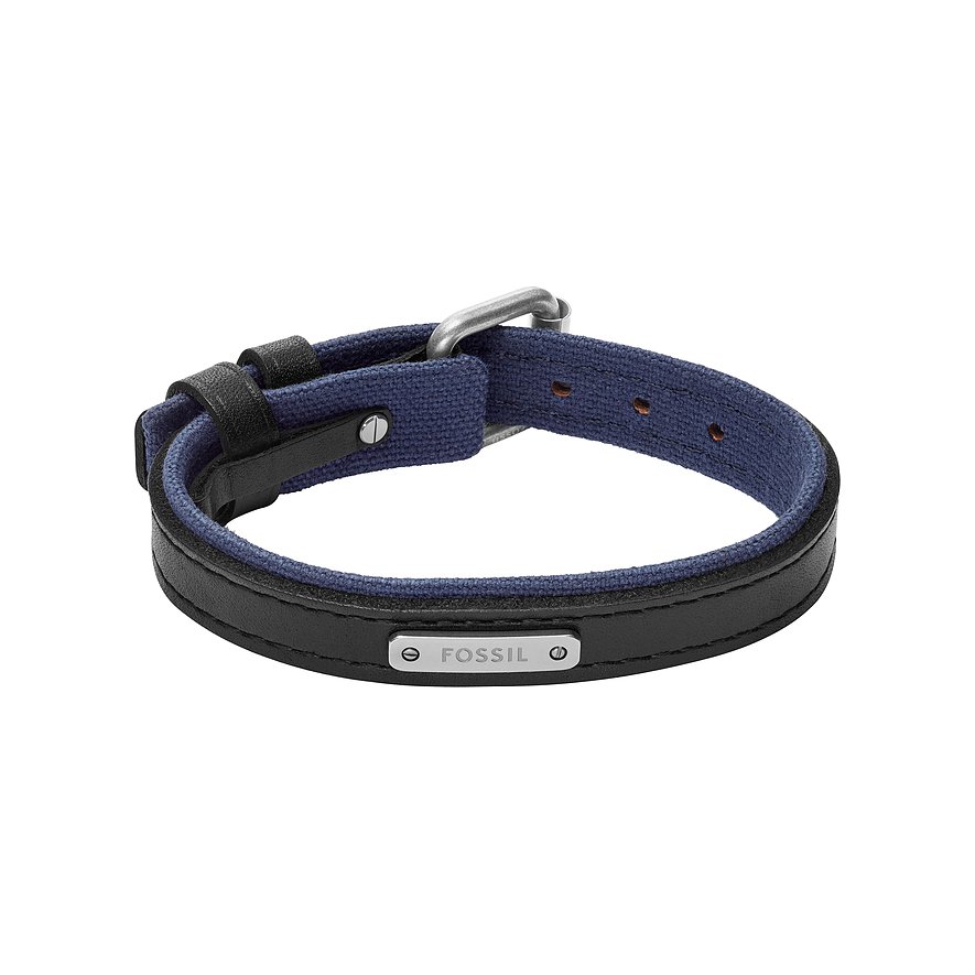 Bracciale Fossil in pelle nera e tessuto blu con fibbia ad ardiglione in metallo e placchetta 