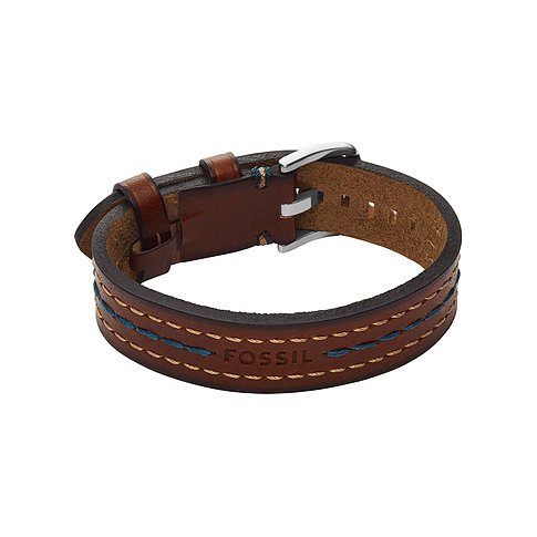 Fossil Lederarmband aus braunem Leder mit doppelter, golden-blauer Ziernaht und Dornschließe aus Edelstahl.