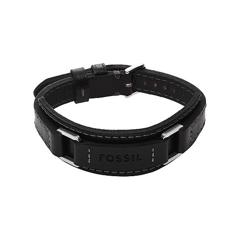 Fossil Armband aus schwarzem Leder und Edelstahl mit eingeprägtem Fossil-Logo in der Mitte.
