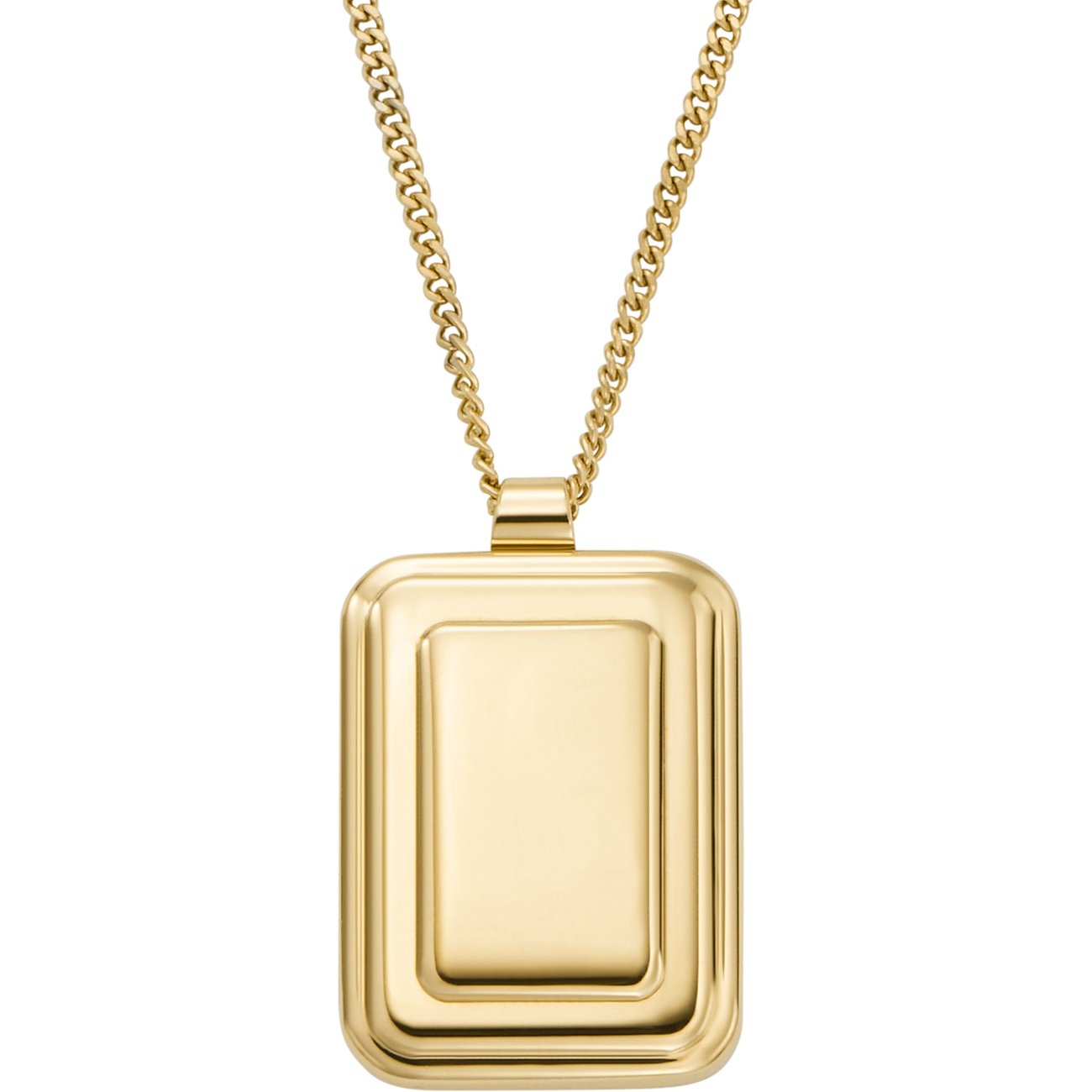 Collier Fossil avec un pendentif rectangulaire en acier inoxydable doré, aux coins arrondis, et une chaîne.