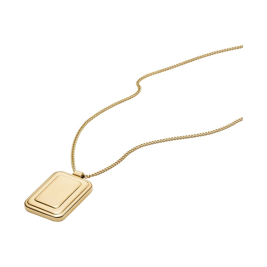 Joli collier Fossil en acier inoxydable doré, élégamment drapé sur un fond blanc.