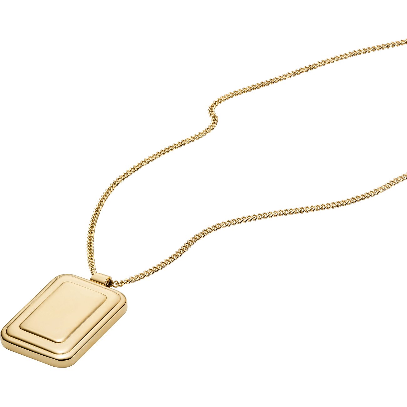 Joli collier Fossil en acier inoxydable doré, élégamment drapé sur un fond blanc.