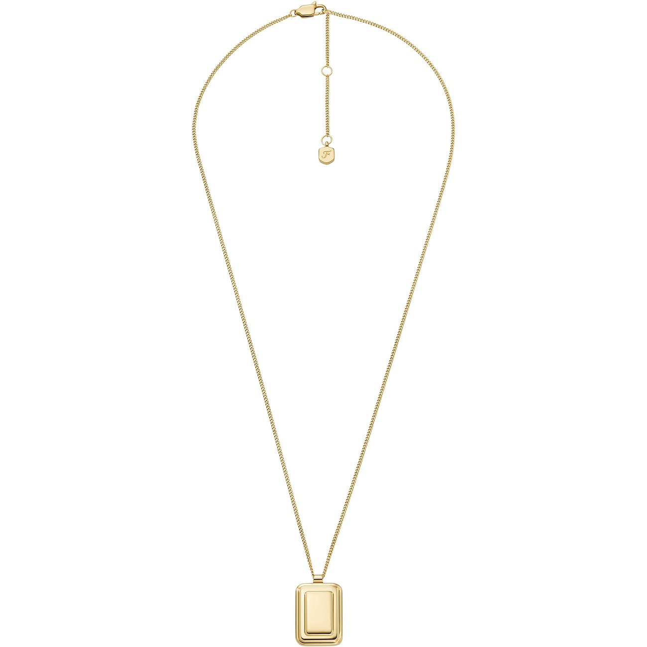 Collier Fossil en acier inoxydable doré avec un long pendentif en forme de bouclier rectangulaire.