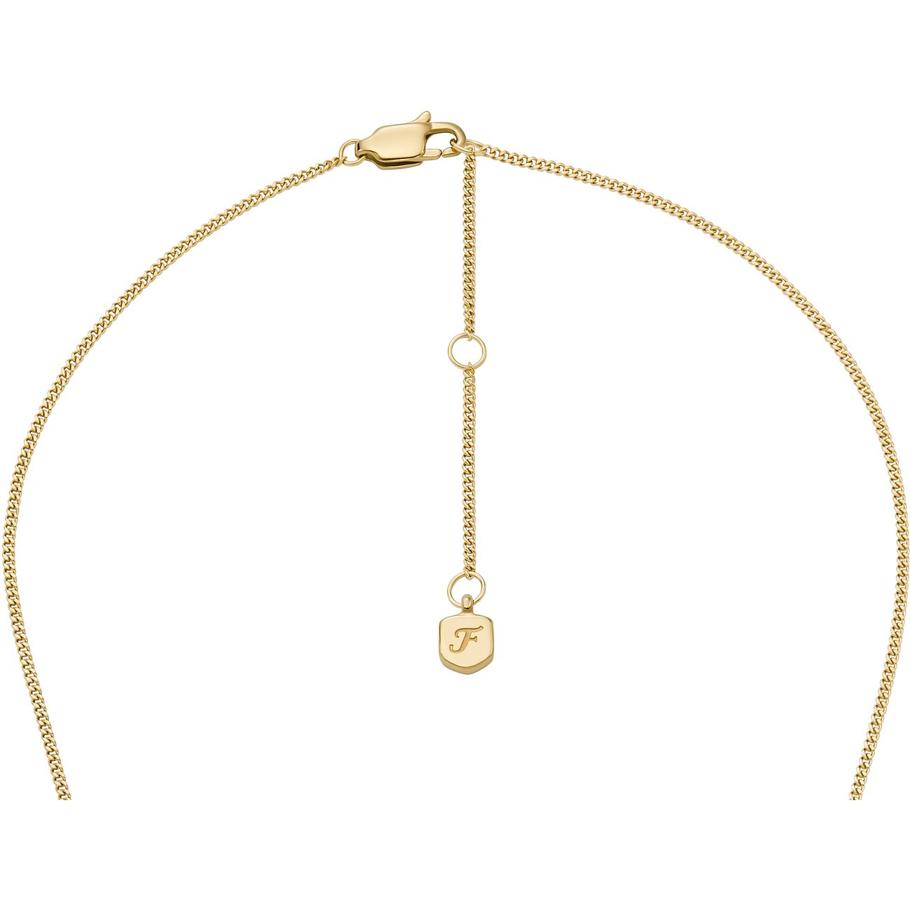 Gros plan du fermoir de collier Fossil en acier inoxydable doré, avec chaîne d'extension et pendentif 
