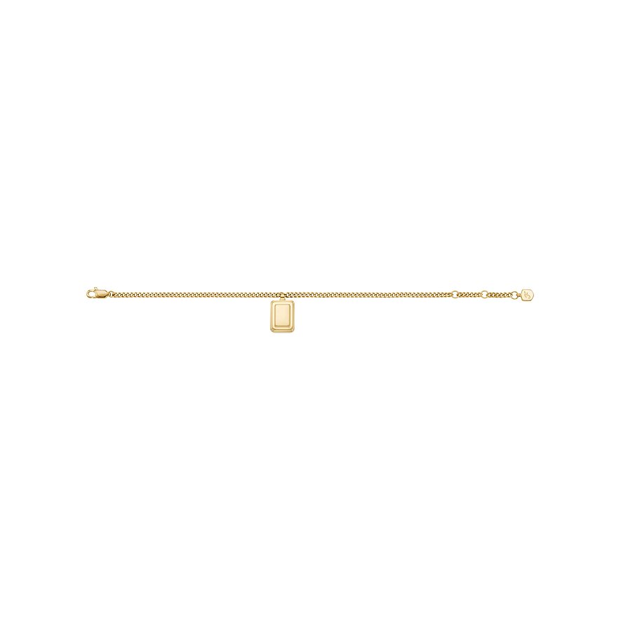 Fossil Armschmuck aus gelb-goldenem Edelstahl mit kleiner, rechteckiger Plakette in der Mitte und Karabinerverschluss.