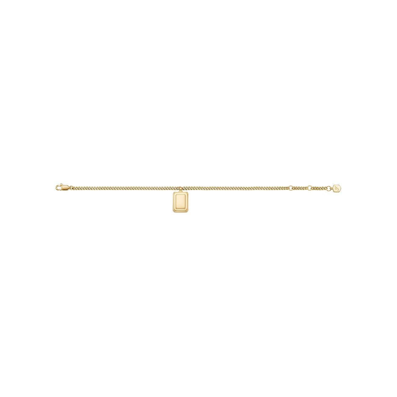 Fossil Armschmuck aus gelb-goldenem Edelstahl mit kleiner, rechteckiger Plakette in der Mitte und Karabinerverschluss.