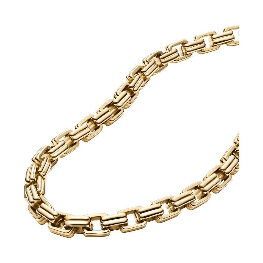 Eine Fossil Halskette aus goldfarbenem Edelstahl. Die Kette ist in einem S-förmigen Bogen gelegt und hat rechteckige Glieder.