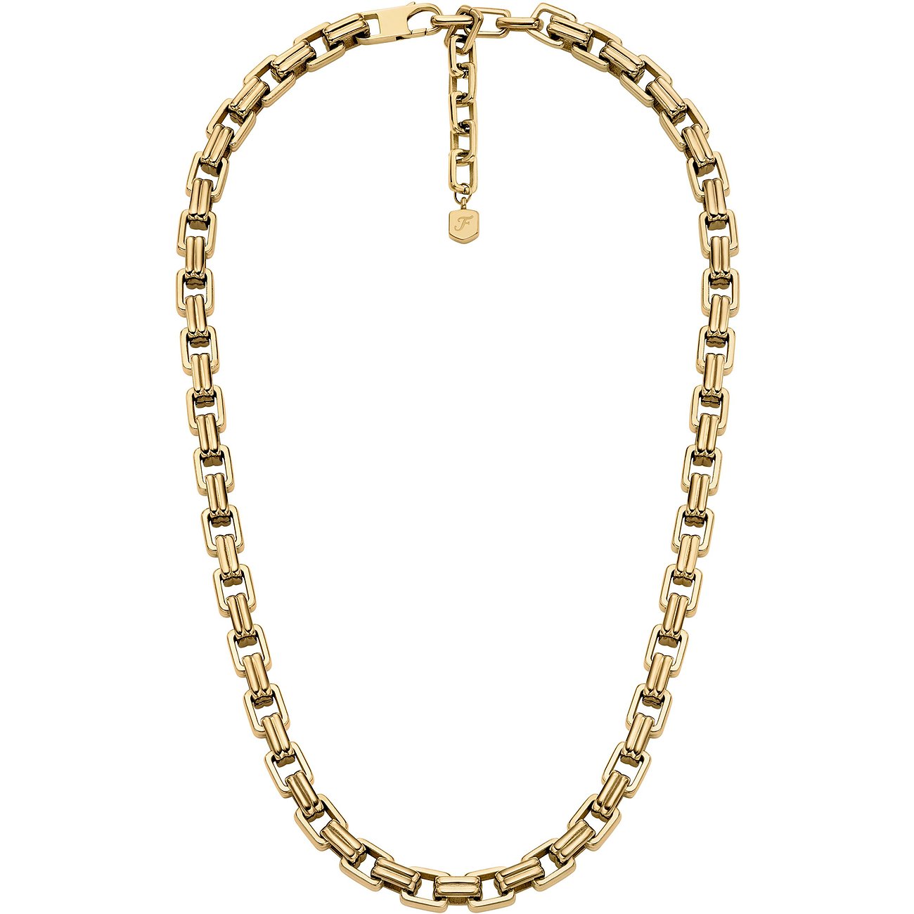 Fossil Halsschmuck aus goldfarbenem Edelstahl. Eine Kette mit länglichen, miteinander verbundenen Gliedern.