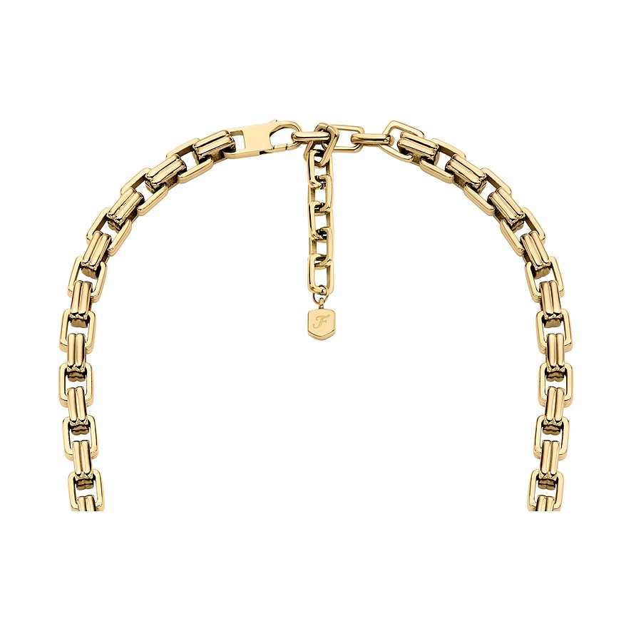 Fossil Halsschmuck aus goldfarbenem Edelstahl mit einer Kette aus breiten, verbundenen Gliedern.