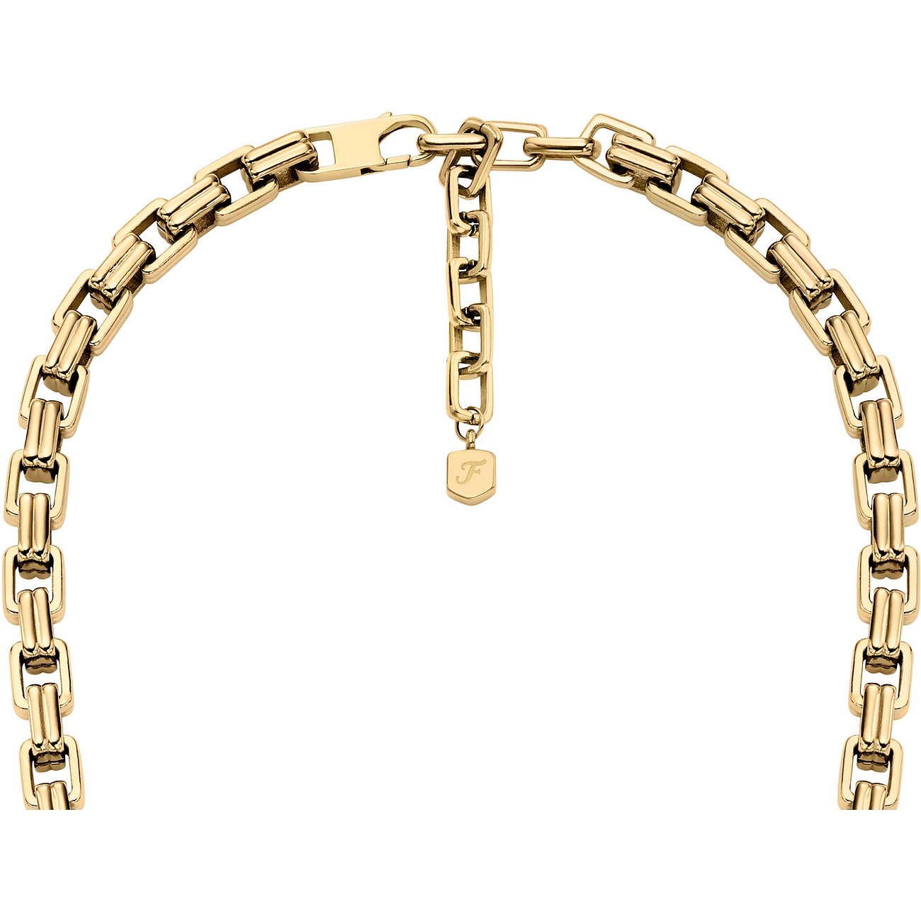 Fossil Halsschmuck aus goldfarbenem Edelstahl mit einer Kette aus breiten, verbundenen Gliedern.